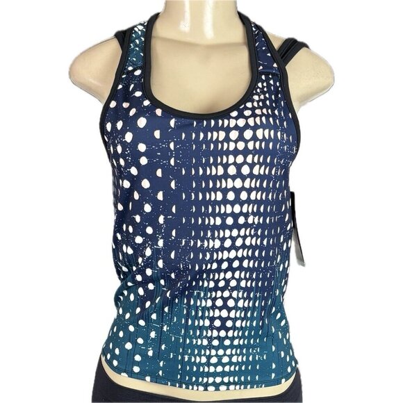 Threads 4 Thought L Navy/Teal Dots Bra Shelf Racerback Double Strap Active Tank - Picture 2 of 6